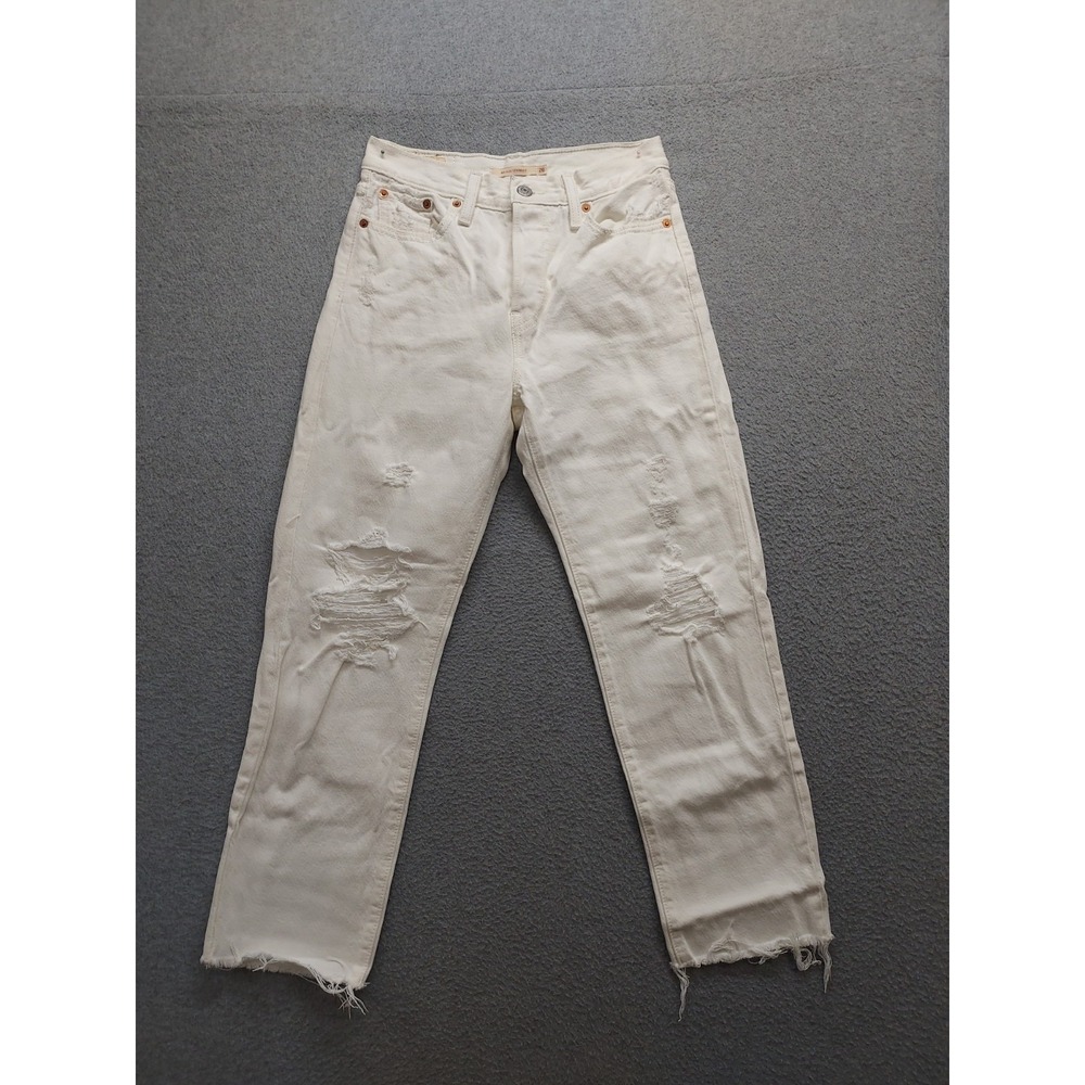Levis Women Jeans 26 White Mid Rise Distressed Raw Hem Wedgie Straight Denim